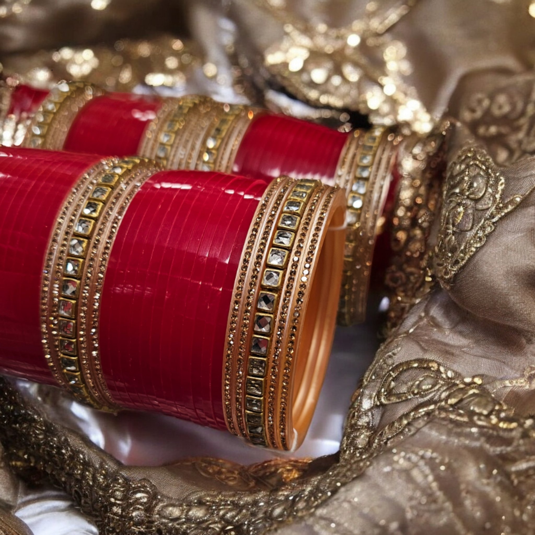 Designer Red Chura with rose-gold gemstones on an embroidered scarf as the background.