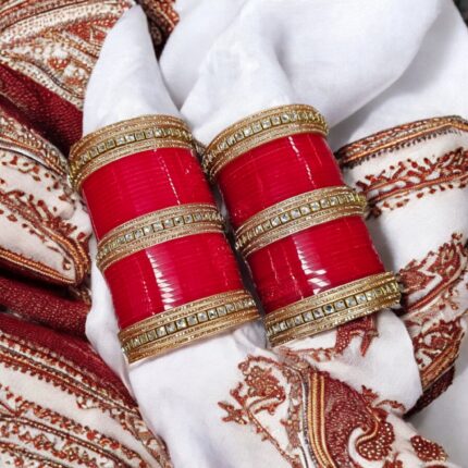 Designer Red Chura with rose-gold gemstones - Wedding Chura Bangles set