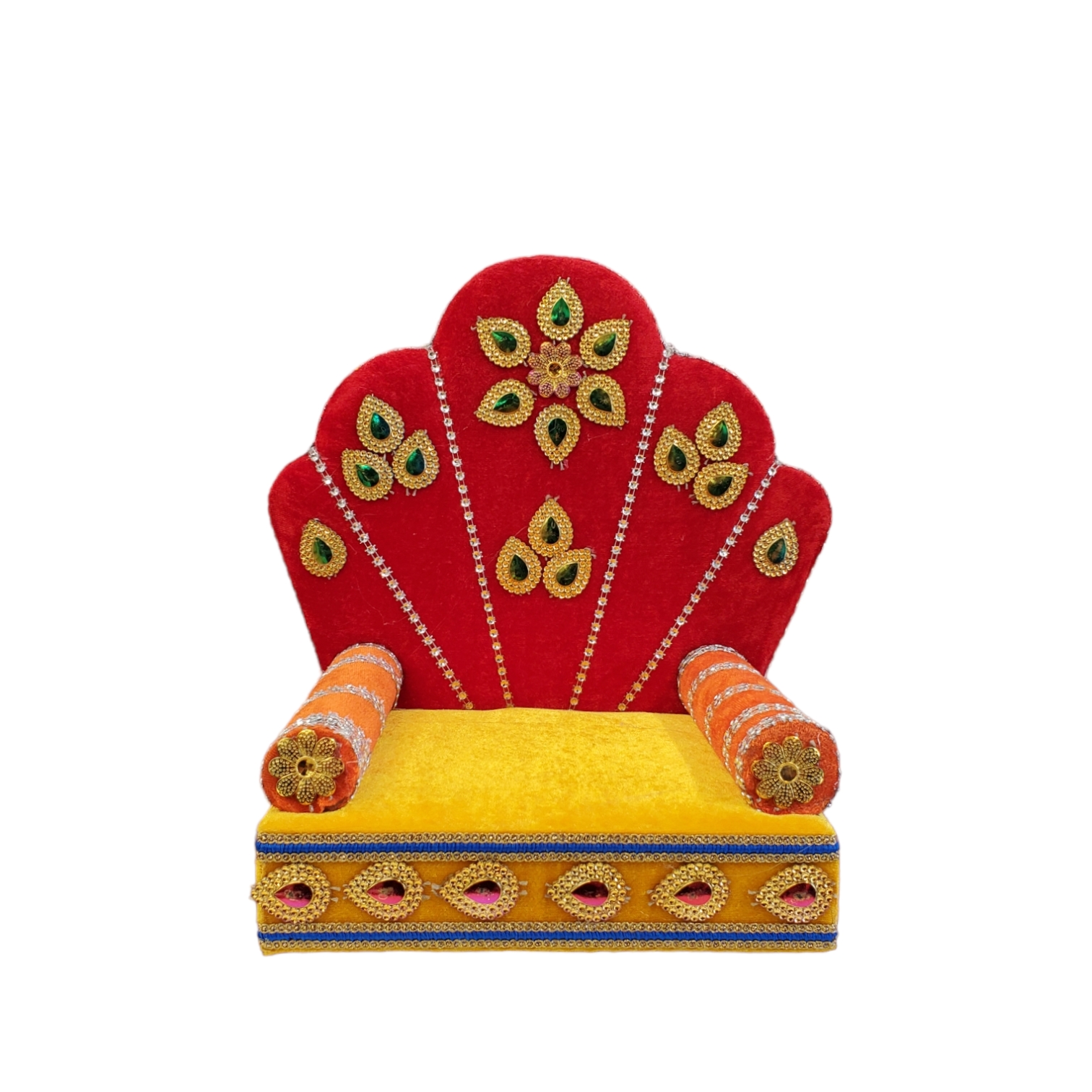 Handmade Laddu Gopal Singhasan with a red embellished velvet back for your home mandir in Canada and the US