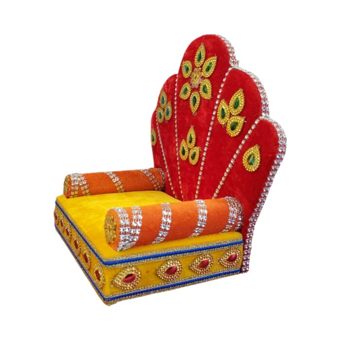 Handmade Laddu Gopal Singhasan with a red embellished velvet back for your home mandir in Canada and the US