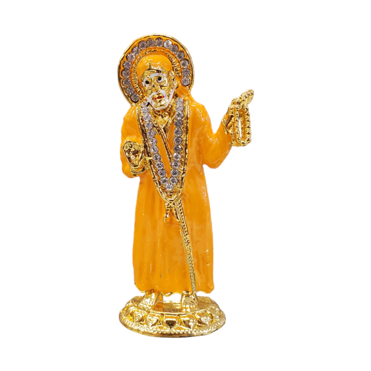 Buy Sai Baba car dashboard idol in Canada and US. Orange Sai Baba idol on a white background.