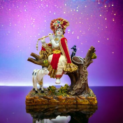 Large Krishna Idol where he is sitting on a tree playing his mesmerizing flute surrounded by a cow calf and a peacock