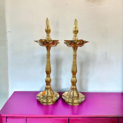 Pair of 21 inch high pure brass Kerala lamps for home decor