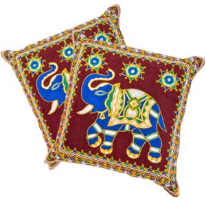 Image of Maroon Embroidery Cushion covers with elephants with trunk up for adding positive aura in your Living room.