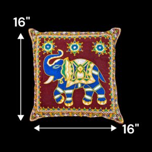 Image of Maroon Embroidery Cushion covers with elephants with trunk up for adding positive aura in your Living room.