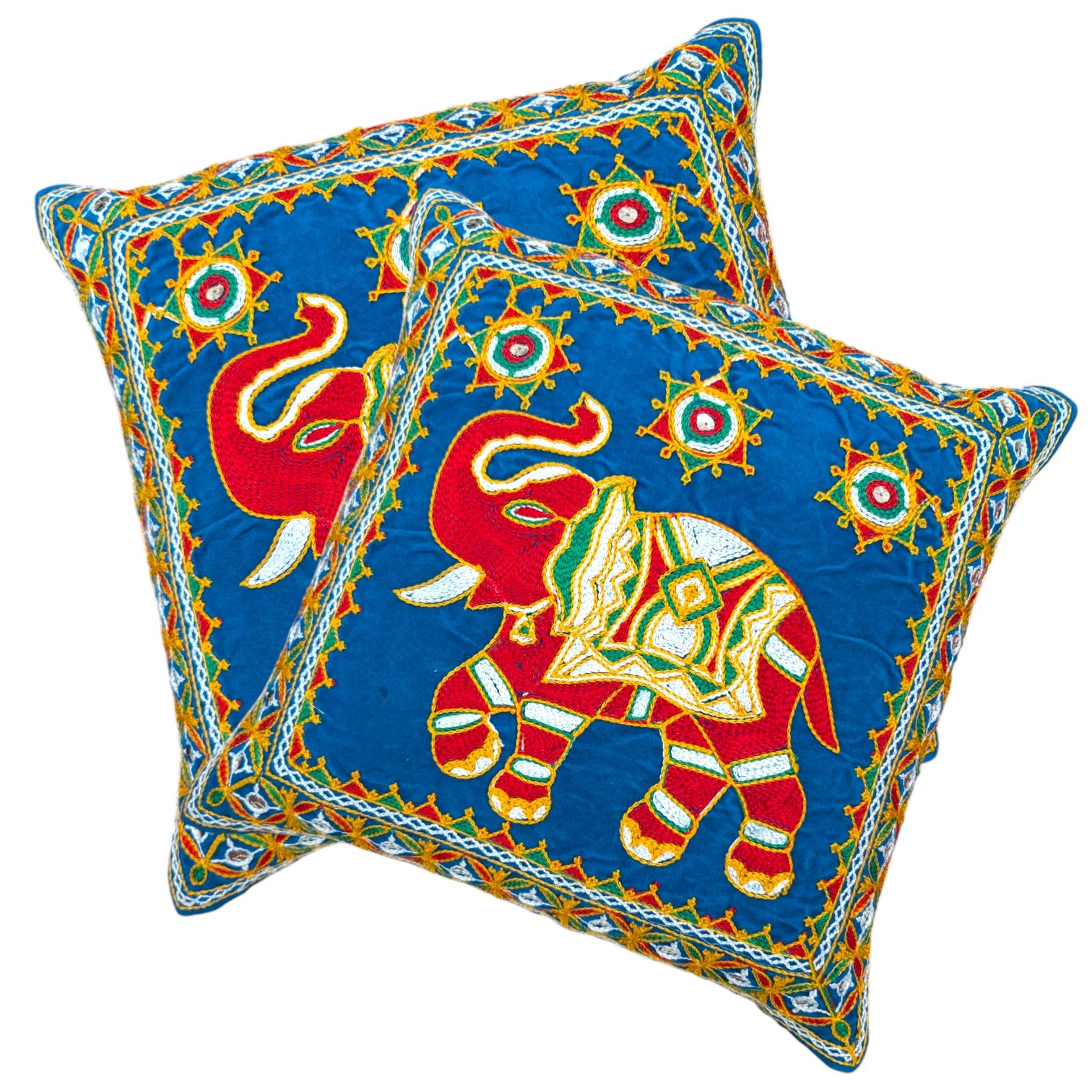 Image of Turquoise Embroidery Cushion covers with elephants with trunk up for adding positive aura in your Living room.