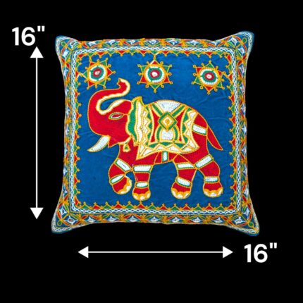 Image of Turquoise Embroidery Cushion covers with elephants with trunk up for adding positive aura in your Living room.