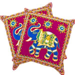 Image of Pink Embroidery Cushion covers with elephants with trunk up for adding positive aura in your Living room.