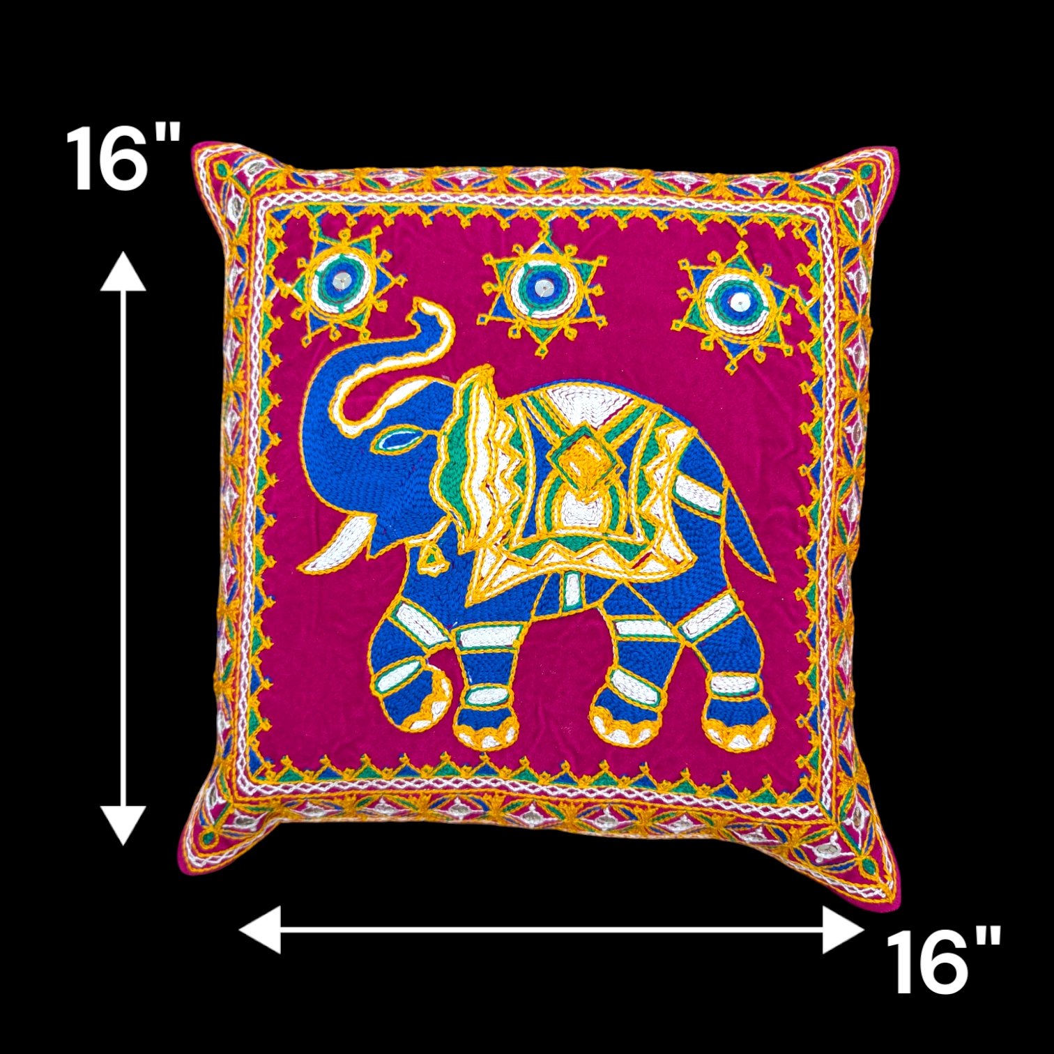 Image of Pink Embroidery Cushion covers with elephants with trunk up for adding positive aura in your Living room.