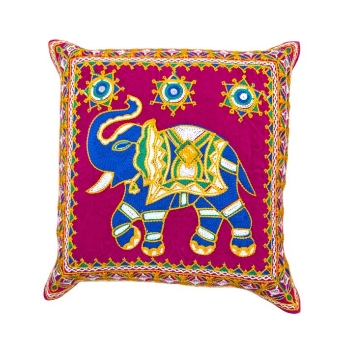 Image of Pink Embroidery Cushion covers with elephants with trunk up for adding positive aura in your Living room.