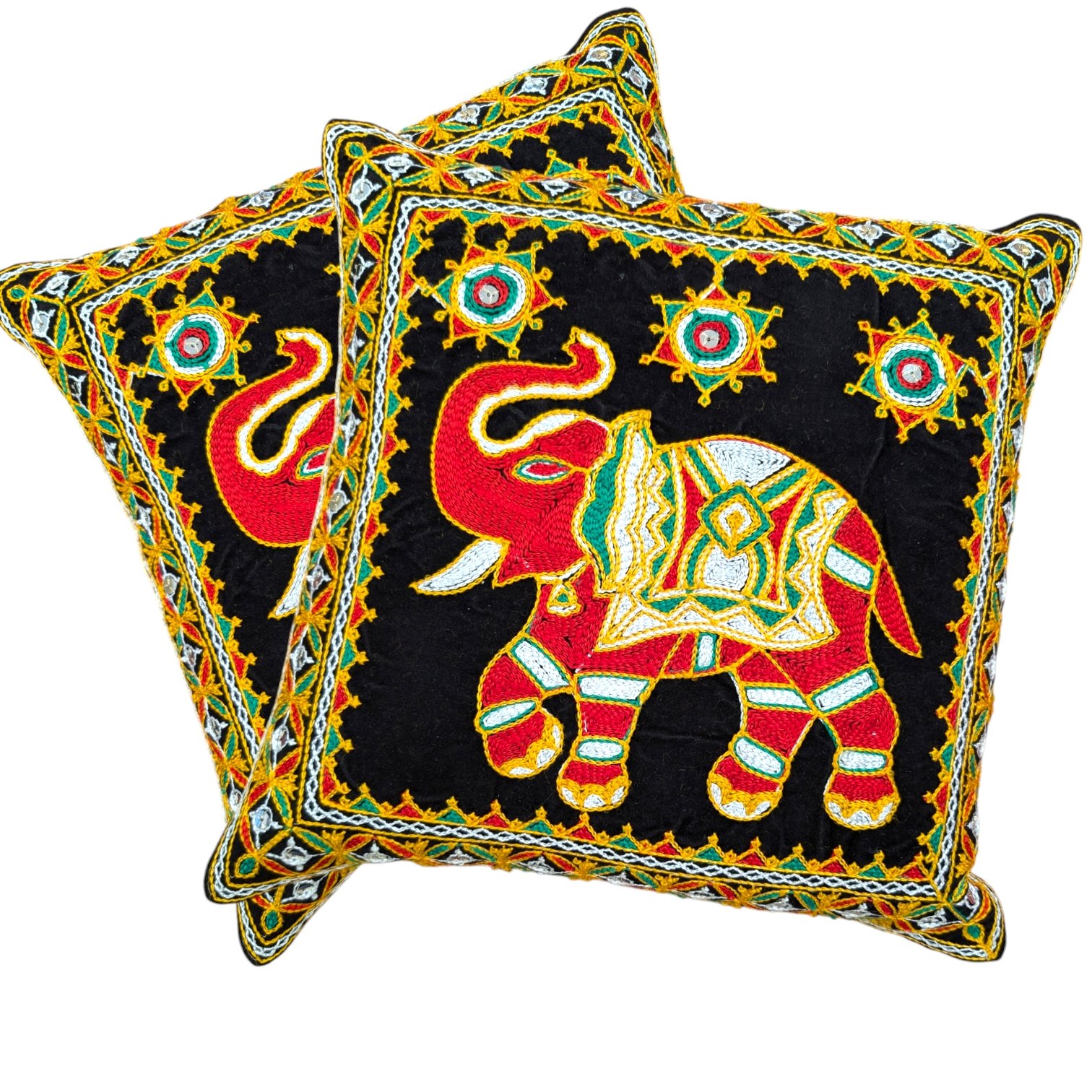 Image of deep Black Embroidery Cushion covers with elephants with trunk up for adding positive aura in your Living room.