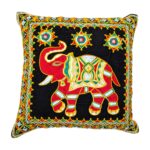 Image of deep Black Embroidery Cushion covers with elephants with trunk up for adding positive aura in your Living room.