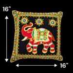 Image of deep Black Embroidery Cushion covers with elephants with trunk up for adding positive aura in your Living room.