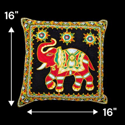 Image of deep Black Embroidery Cushion covers with elephants with trunk up for adding positive aura in your Living room.