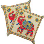 Image of Lite Brown Embroidery Cushion covers with elephants with trunk up for adding positive aura in your Living room.