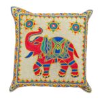 Image of Lite Brown Embroidery Cushion covers with elephants with trunk up for adding positive aura in your Living room.