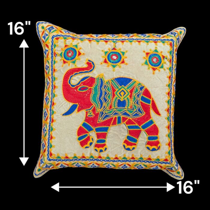 Dimensions on Image of Lite Brown Embroidery Cushion covers with elephants with trunk up for adding positive aura in your Living room.