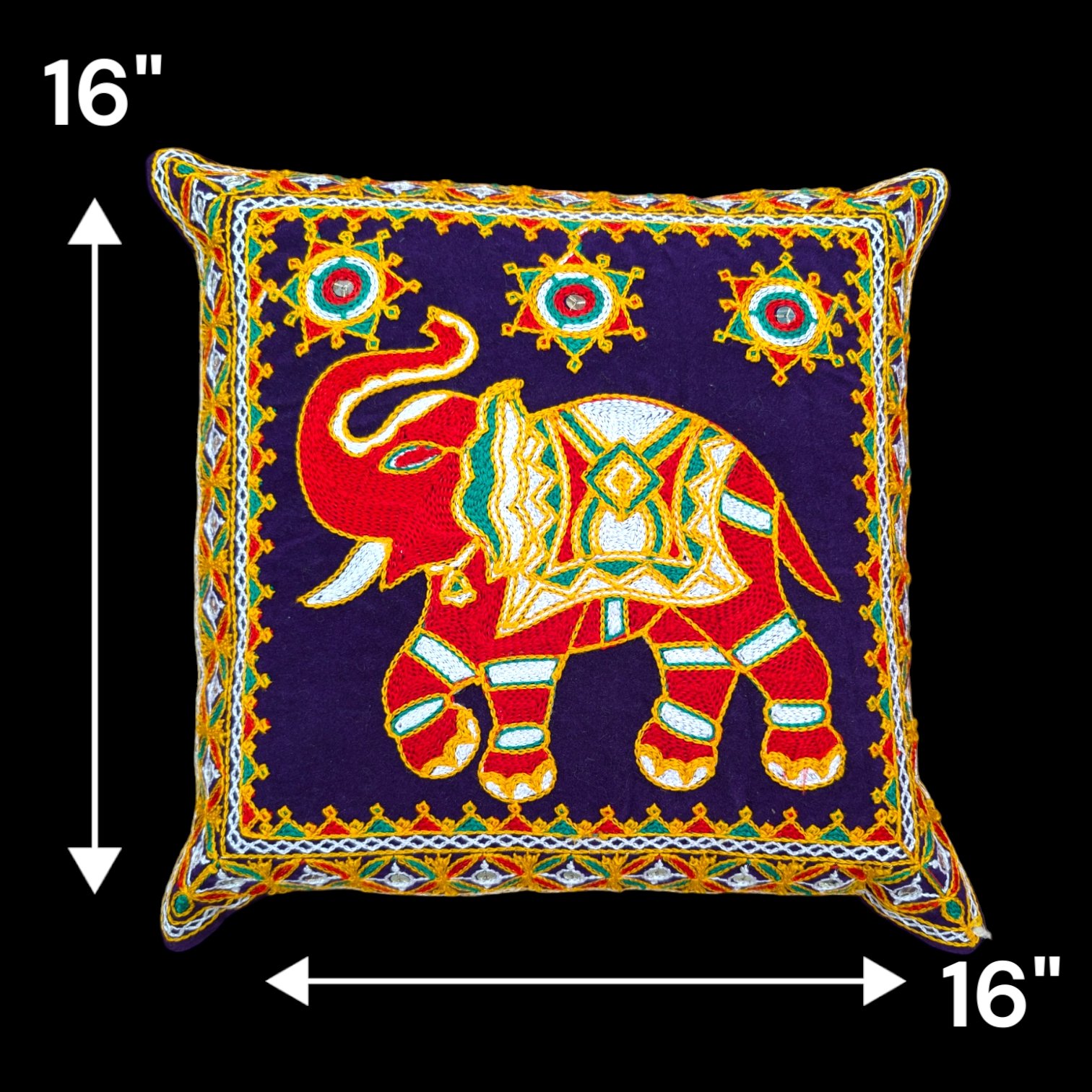 Image with dimensions of Embroidery Cushion covers with elephants with trunk up for adding positive aura in your Living room.