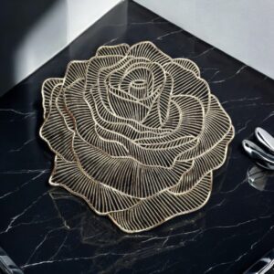 Image of a rose shaped golden table mat. Perfect table mats for Diwali Decorations in Canada and the USA