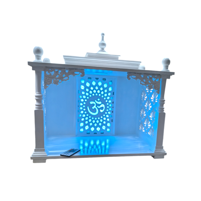 Image of a large wooden mandir for home with Bluetooth speaker and backlit multi color led.