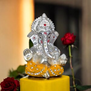 Small sized Car Dashboard matt finish silver plated Ganesh Idol with stone work