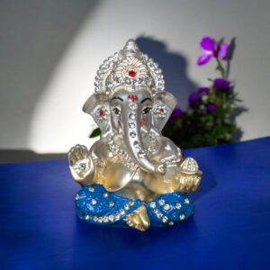 Small sized Car Dashboard matt silver plated Ganesh Idol with stone work