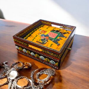 Hand painted wooden Tray with Drawers - Maroon