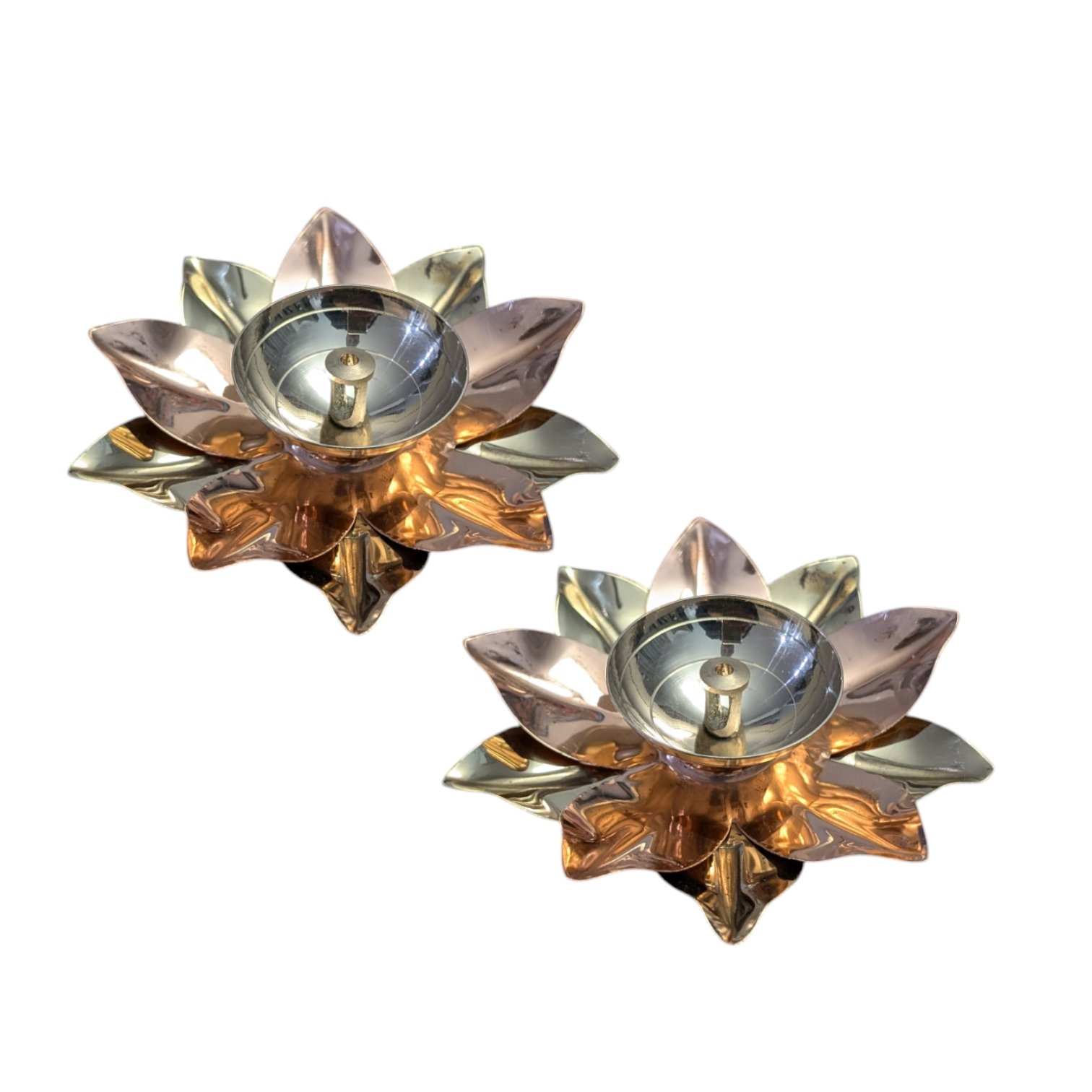 Lotus shaped Brass Oil Lamp - Diya. Unique deepam with multi color brass leaf. 