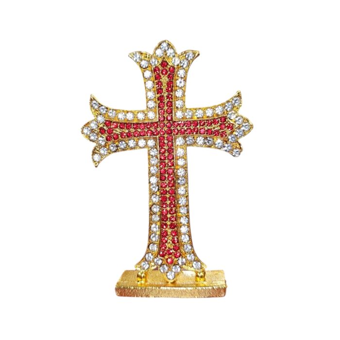 Holy Cross Idol Red Cross Idol Metal with Stones | Statue for Car Dashboard