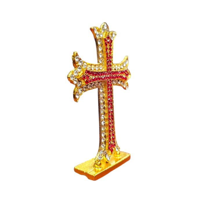 Holy Cross Idol Red Cross Idol Metal with Stones | Statue for Car Dashboard