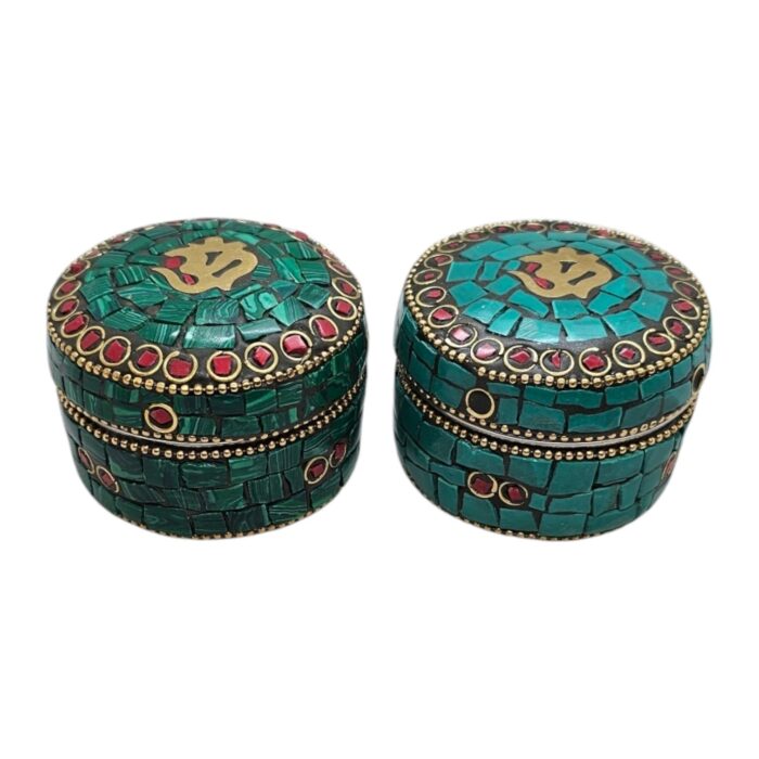 Pair of Decorative Steel Kumkum Boxes - Green Mosaic - Brass Om