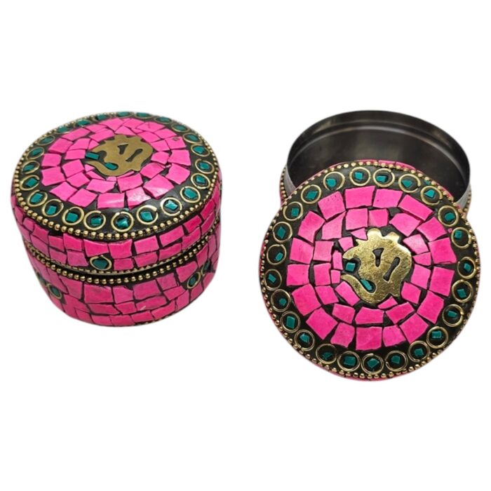 Pair of Decorative Steel Kumkum Boxes - Pink Mosaic