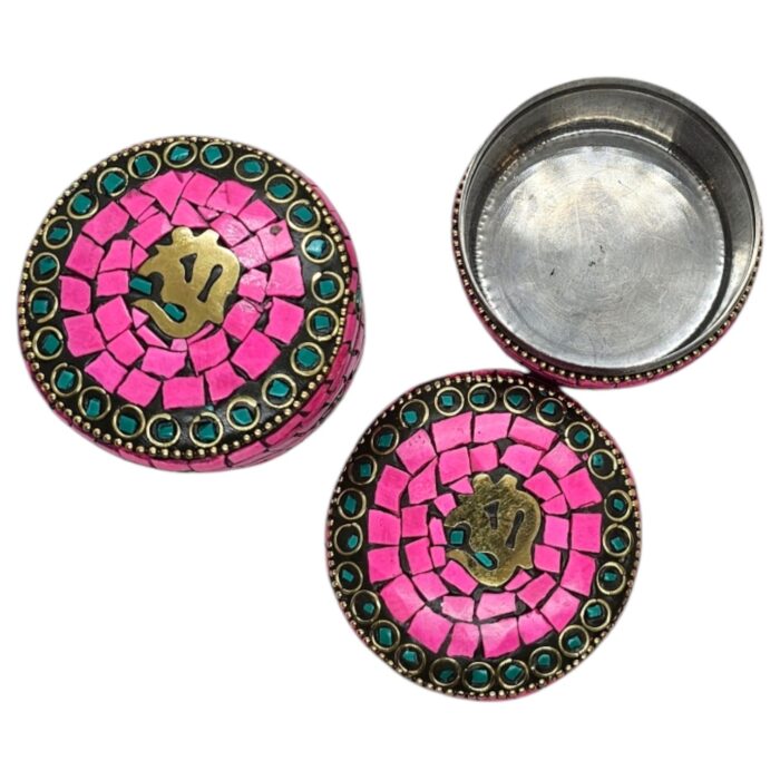 Pair of Decorative Steel Kumkum Boxes - Pink Mosaic