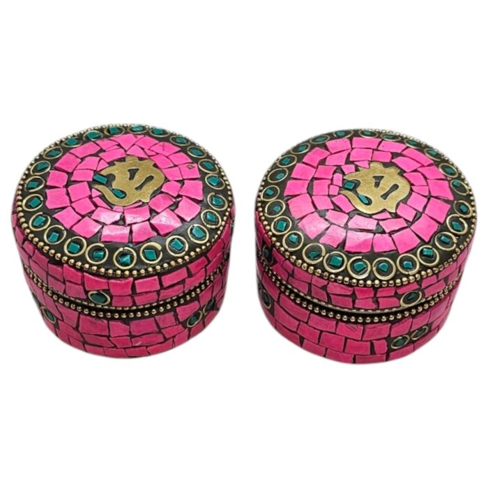 Pair of Decorative Steel Kumkum Boxes - Pink Mosaic - Brass Om