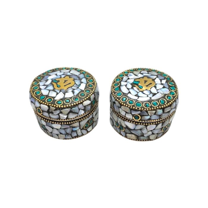 Pair of Decorative Steel Kumkum Boxes - White Mosaic