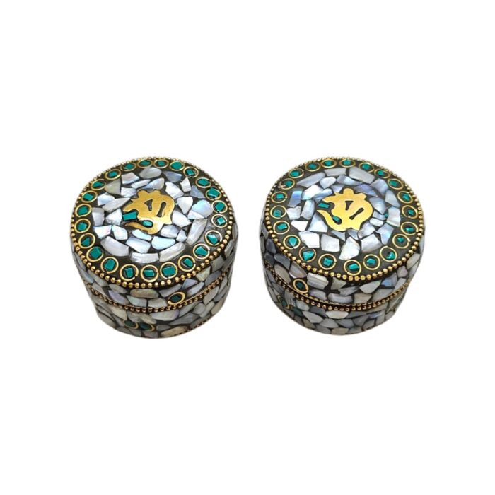 Pair of Decorative Steel Kumkum Boxes - White Mosaic