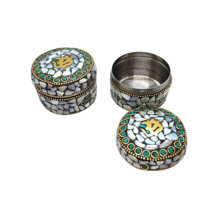 Pair of Decorative Steel Kumkum Boxes - White Mosaic