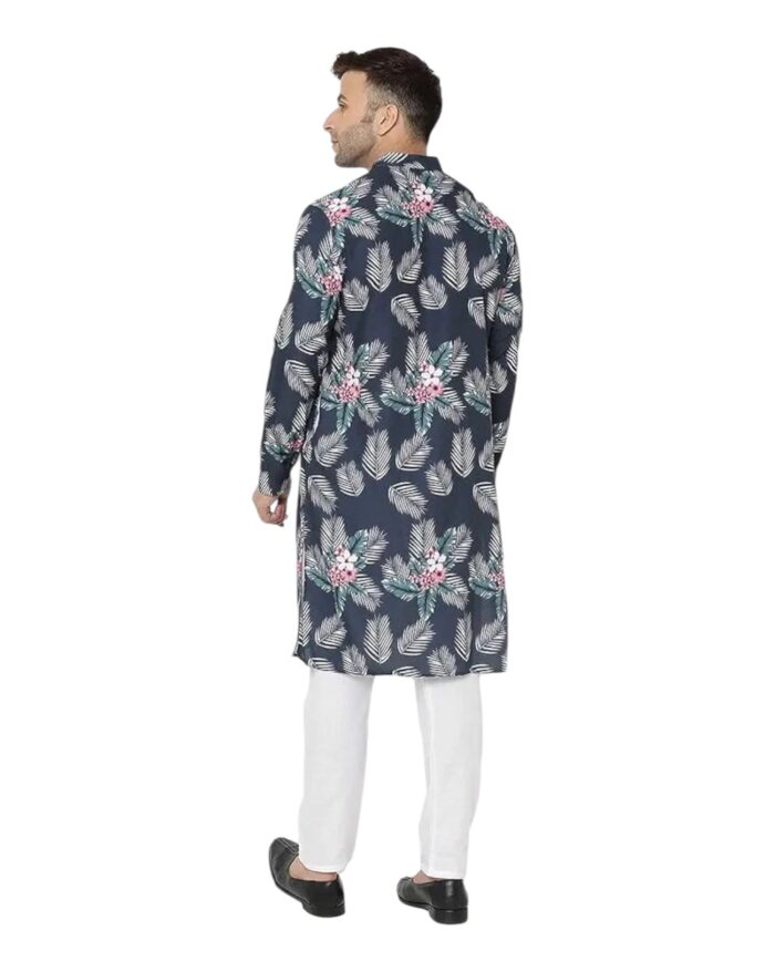 Men Navy Blue & White Floral Printed Kurta