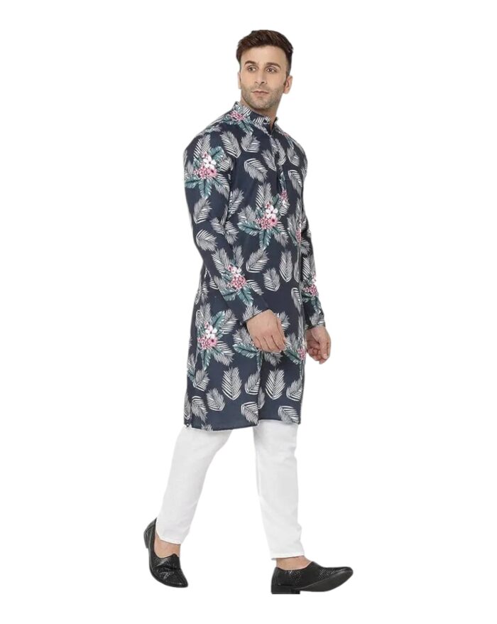 Men Navy Blue & White Floral Printed Kurta