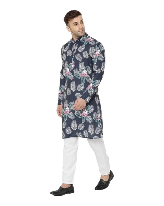 Men Navy Blue & White Floral Printed Kurta