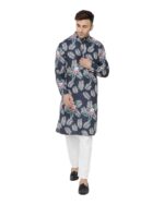 Men Navy Blue & White Floral Printed Kurta