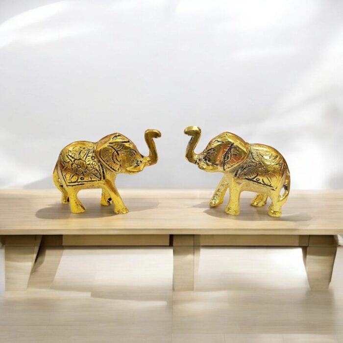 Pair of Gold Powder-Coated Metal Elephant Idols