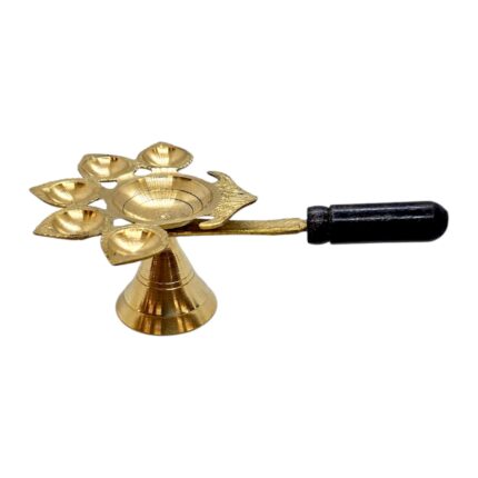 Brass Panchdeep Diya - Size 1 | Panch aarti with Wooden Holder