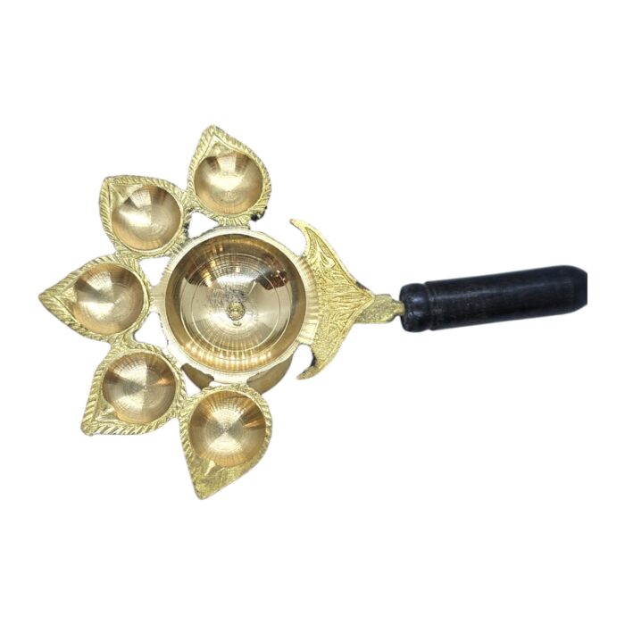 Brass Panchdeep Diya - Size 2 | Panch aarti with Wooden Holder