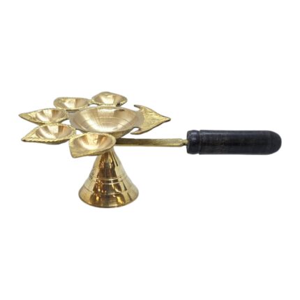 Brass Panchdeep Diya - Size 2 | Panch aarti with Wooden Holder