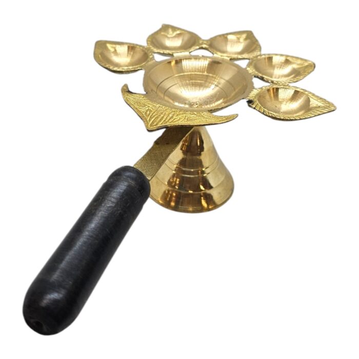 Brass Panchdeep Diya - Size 2 | Panch aarti with Wooden Holder