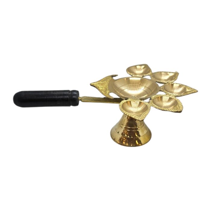 Brass Panchdeep Diya - Size 2 | Panch aarti with Wooden Holder