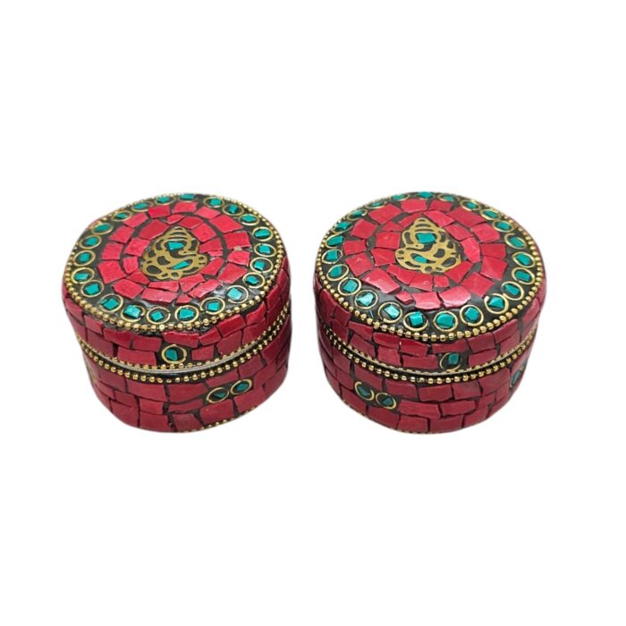 Pair of Decorative Steel Kumkum Boxes - Red Mosaic - Brass Ganesha