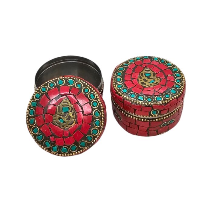 Pair of Decorative Steel Kumkum Boxes - Red Mosaic - Brass Ganesha