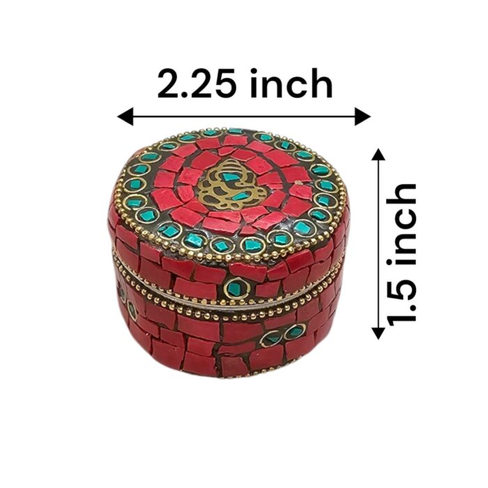 Pair of Decorative Steel Kumkum Boxes - Red Mosaic - Brass Ganesha